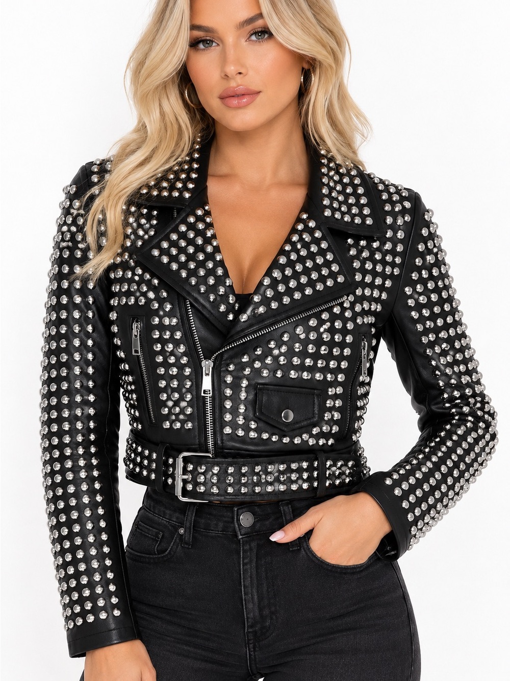 AKIRA Black Rhinestone Studded Faux Leather Moto Jacket Size Small NWT